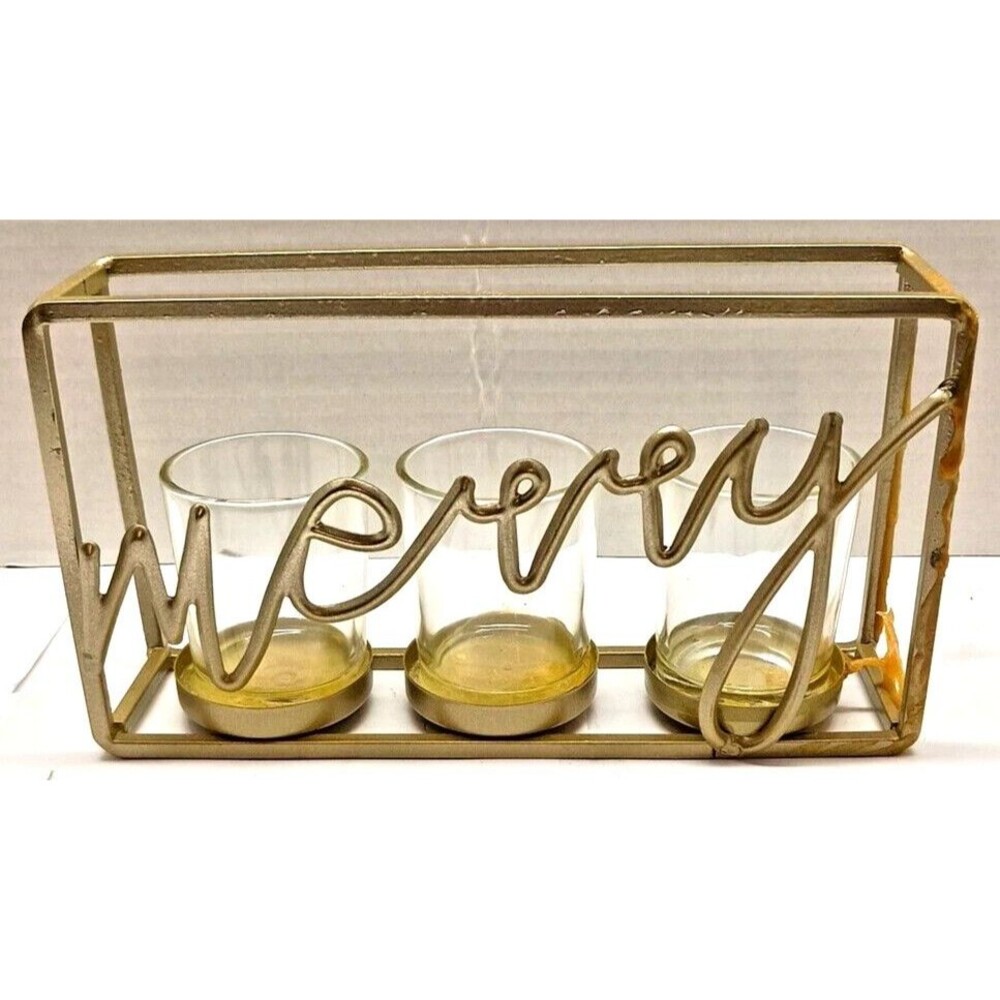 Set of 3 Votive Candles in Clear Glass on Wood Tray w/ Merry Gold Colored Tin 🎄